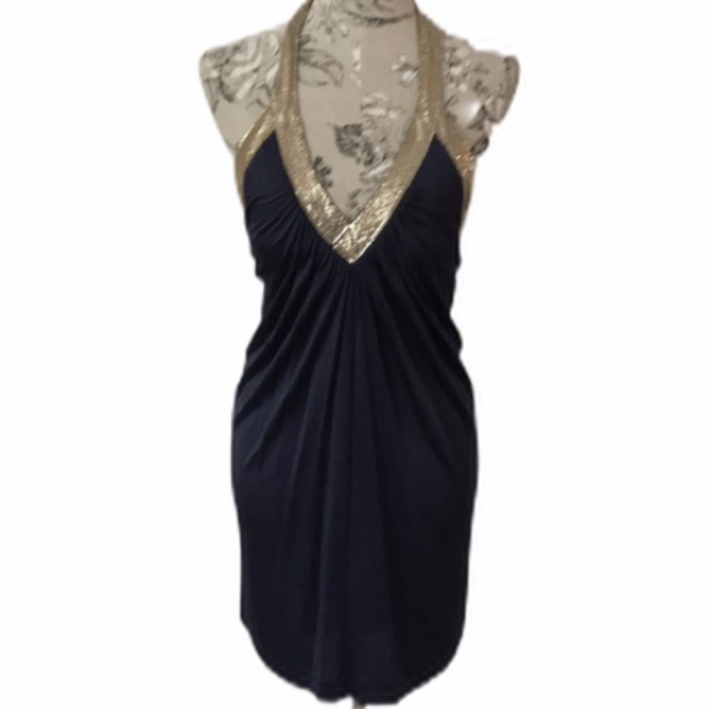 BCBGMAXAZRIA Navy Gold Halter Dress XXS